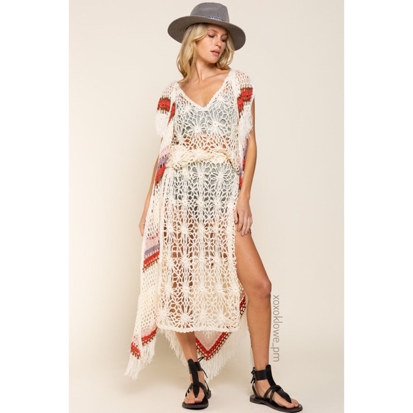 Floral Crochet Open Knit Midi Tunic Summer Top - Picture 2 of 14